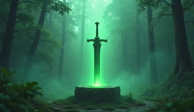 A sword deep planted in a stone pedestal with a large and long blade made of emerald at the centre af a grade in a foggy green woods. A ray of light is lighting the blade of the sword 