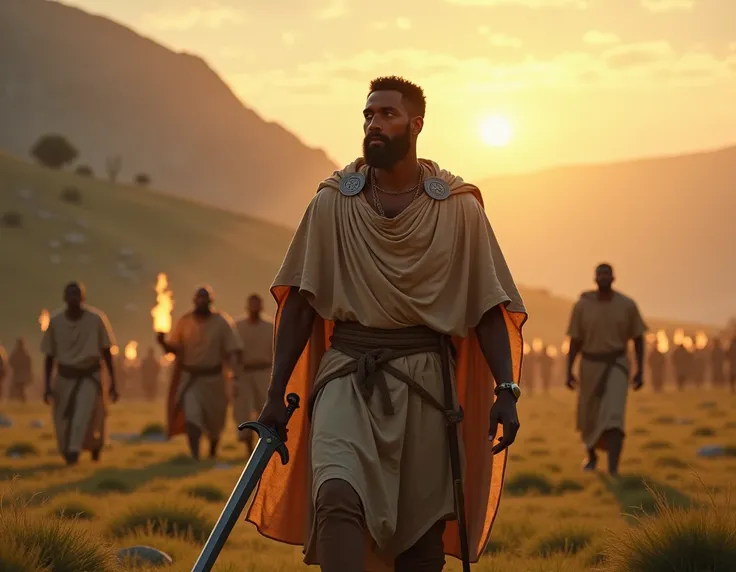 Gideon , a black-skinned biblical leader ,  are portrayed in a moment of great determination and leadership .  He stands in the center of an open field ,  dressed in a simple robe of rough fabric and a slightly worn cape that symbolizes their humility and ...