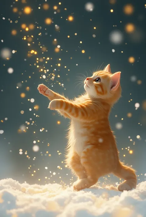 Golden snowflakes are falling, a cat is jumping desperately to catch them, and a cat is confused when they disappear as soon as it reaches its hand. This is a cute, dream-like illustration art, ultra detailed, absolutely resolution, masterpiece