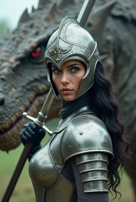 A beautiful warrior princess in a silver mid age armor with helmet and a sword fighting against a colosal dragon. The princess hair is black and is out of the helmet we can se her green eyes since the viewfinder of the helmet doesnt cover them. The rest of...