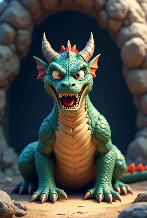 The dragon will have anger on his face.  He is sitting in front of his cave.”"Second image of the same character from the first  image."3d Animation, 3d cartoon.