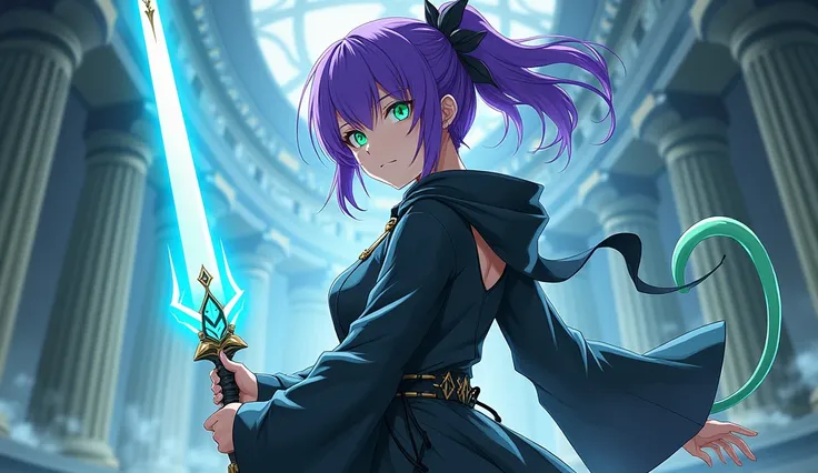 Young woman from 2D anime, with purple hair , a green eye, another blue, anime style like, dark divine garment ,  destiny grand order , Misato Katsuragi, With green monkey tail, With an energy sword 