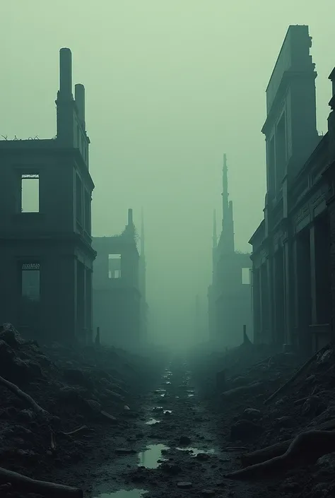 Ruins of a town consumed by fire and covered by a haze