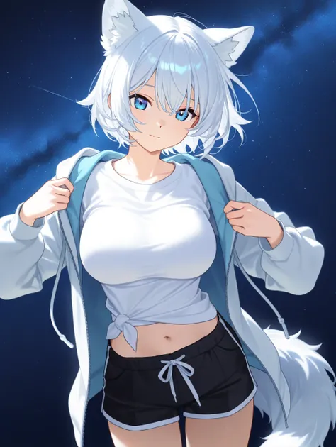 1 woman, 18 years old, white wolf ears, white wolf tail, bright blue eyes, short hair to the ears, large breasts, hands on the sides of the body, wearing a light blue open hoodie, no hood, white shirt, tied at the navel, black shorts, many stars in the sky...