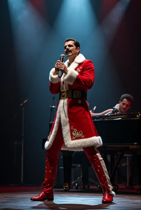 Freddie mercury singing with piano dressed like papa noel 