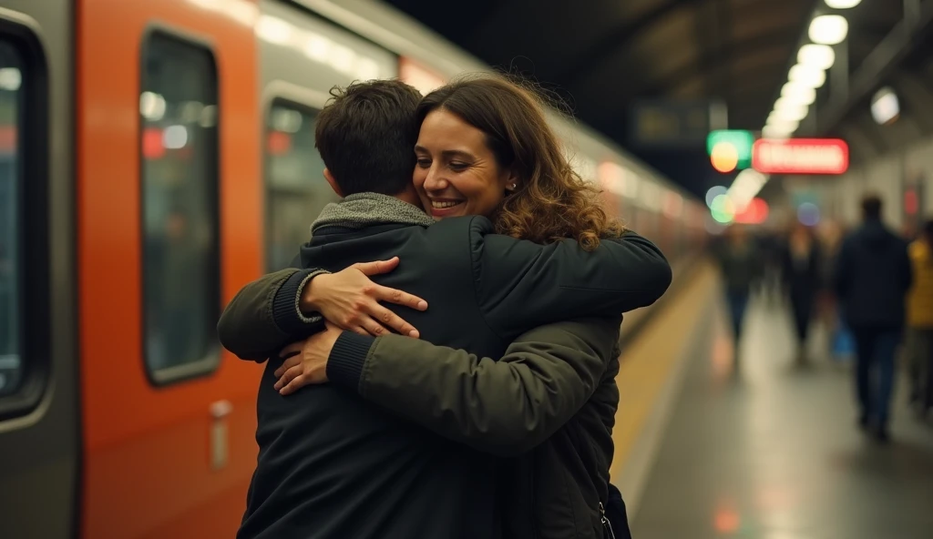 Two friends hugging each other goodbye at a train station, one leaving and the other staying behind. The scene is emotionally charged, with the train in the background and soft lighting that highlights their expressions. Realistic portrayal of human emotio...