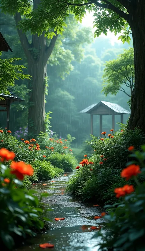 Rainy outside  The lush garden, detailed and realistic, 4k, high quality, ultra-detailed, vivid colors, dramatic lighting, realistic plants and foliage, rain ambience, detailed bushes, photorealistic, cinematic, masterpiece