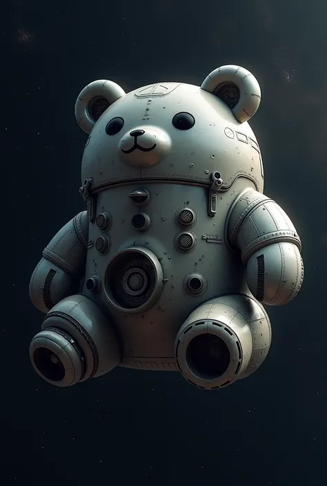 A metal spaceship shaped like a big, cute bear in space