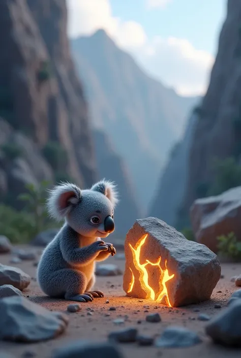  A very detailed 3D fantasy scene against the background of rock mountains . In the foreground,  a baby koala sits and stares at an uneven round rock with a rough texture and full of bumps,  resembles a rough and irregular stone .  The cracks in the stone ...