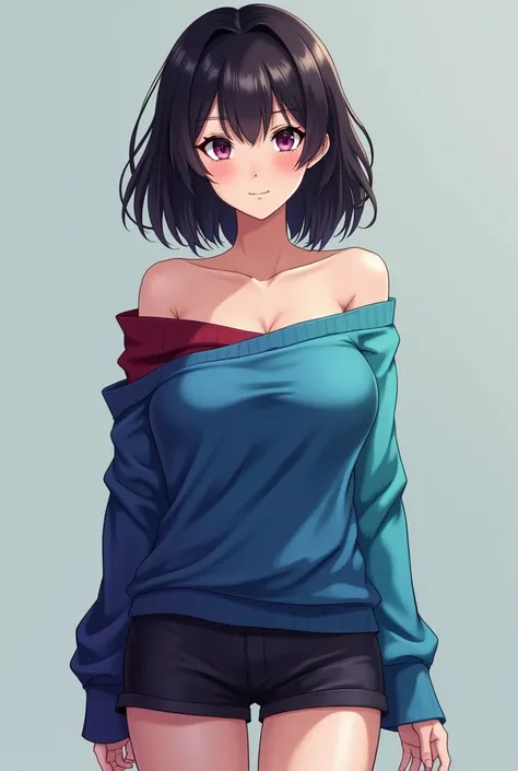 ((best quality)), ((masterpiece)), (detailed), Shinobu with blue and burgundy and Mint and dark purple off-shoulder sweater, bare legs, large breasts, Pretty Asian girls, white fair skin 