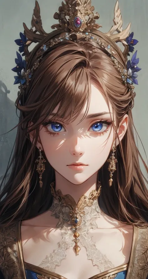 (Extremely Delicate and Beautiful:1.2), 8K ,(Masterpiece:1.0),(best_quality:1.0), 1girl, mature woman, complex details, enlarged textures, complex details, finely detailed eyes and detailed face, intricate details, brown hair, (closed mouth), perfect  blue...