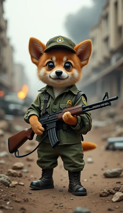 Cuddly puppy dog  ,  Dressed as a Brazilian Army soldier with a long-barreled soldiers gun , in a war scenario 