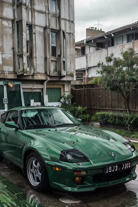 1997 Nissan Z, green, white stripes, rainy conditions