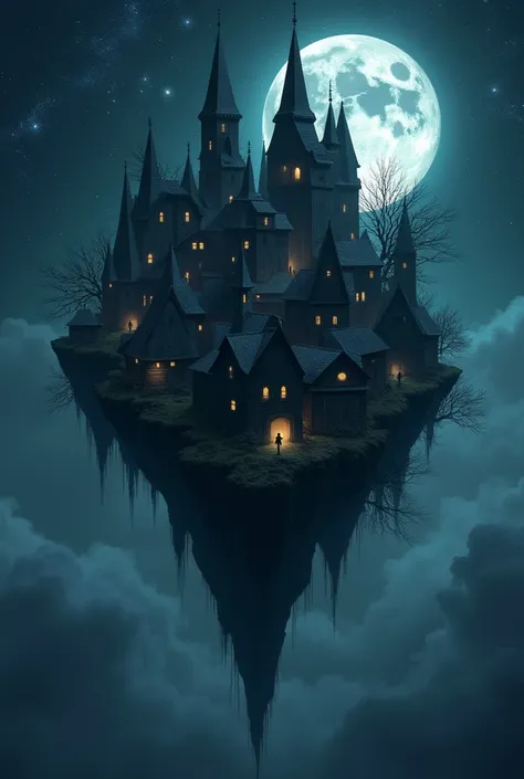 A village floating in the sky with stars and the moon with many black houses 