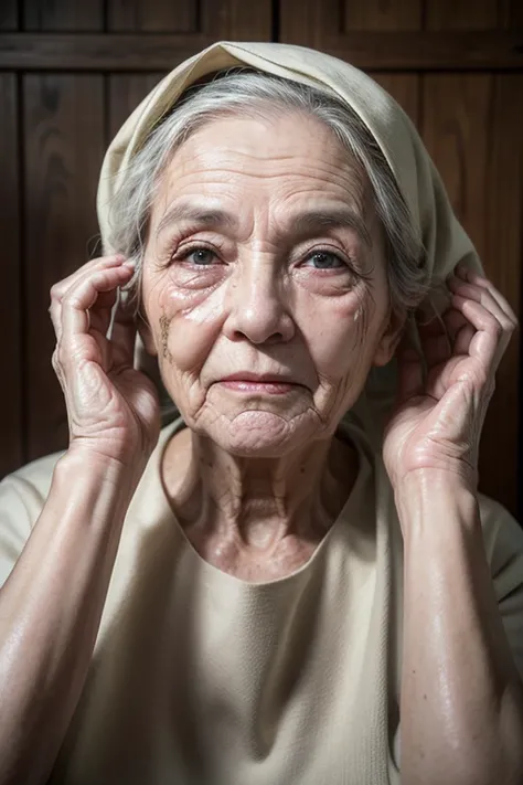 An old woman faces everything wrinkled up putting her face in the clay