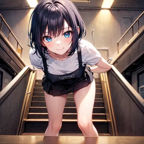 A high school-aged girl is climbing a set of backstage stairs in a theater, heading toward a brightly lit stage. She is mid-step, her expression showing focus and slight excitement. Her outfit flows lightly as she moves, suggesting urgency. The background ...