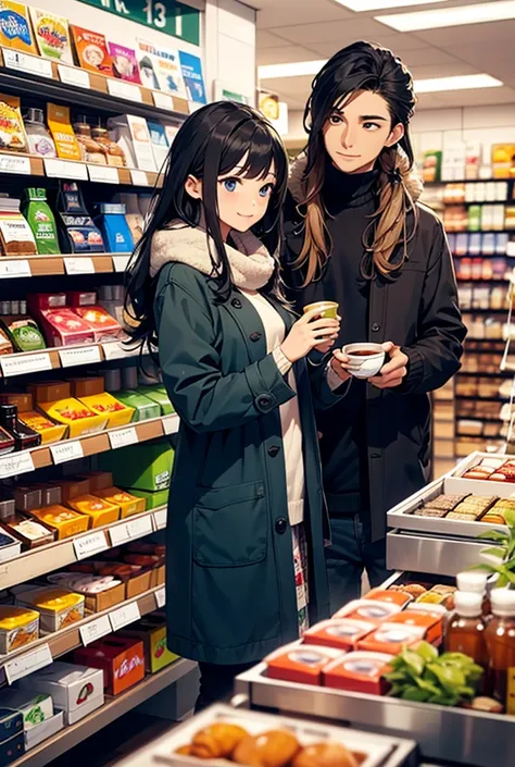 A couple buying tea together at a Seven-Eleven convenience store. The woman has long black hair with blue inner highlights, wears a stylish coat, and has striking blue eyes. The man has brown hair, black eyes, and is dressed warmly. The interior features s...