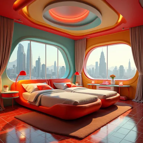 Double bedroom decorated in the Googie style of interior design 