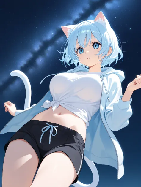 1 woman, 18 years old, white cat ears, white cat tail, bright blue eyes, short hair to the ears, large breasts, hands on the side of the body, wearing a light blue open hoodie, no hood, white shirt, tied at the navel, black shorts, many stars in the sky.