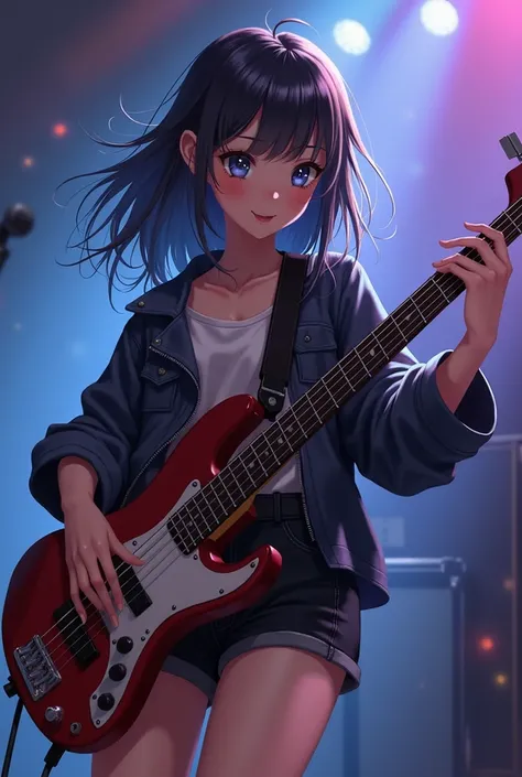  I would like an anime version girl playing a frizzy bass/wavy but with loose clothing 
