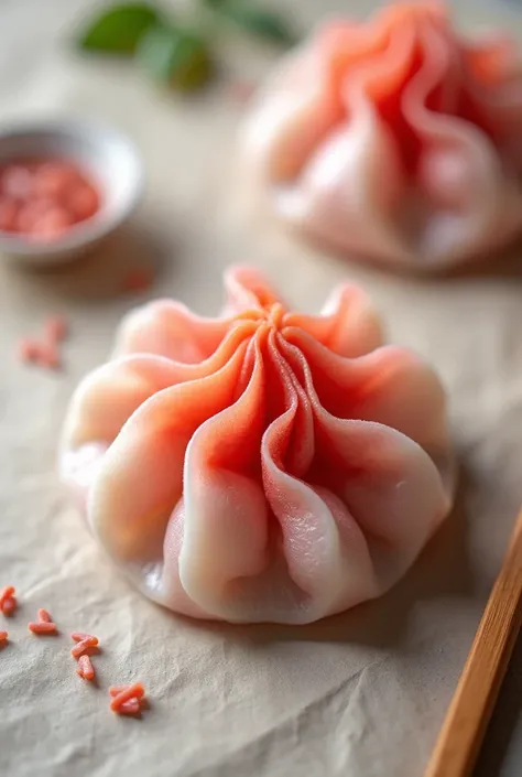 The dough dumpling is stuffed with small pieces of pork, in the shape of a colorful flower.