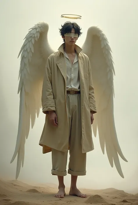 An angel man in a beige overcoat , folded pants and barefoot with a band around his eyes 