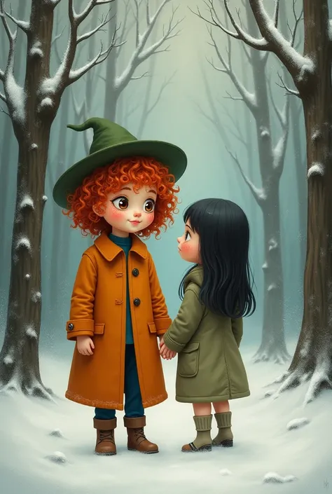 Classic oil painting, ethereal and spiritual vibe. Two ren in a snowy forest, one with curly red hair, freckled cheeks, hazel eyes, orange coat, and green hat; the other with straight black hai