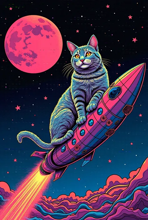  I have a poster of a cat riding a spaceship,  SILKSCREEN PRINT , Psychedelic Concert Poster, blacklight poster,  SILKSCREEN PRINT  , Silkscreen Art, Emory Douglas , black light velvet poster,  LSD art of a shamanic poster ,  pop psychedelic art 、black lig...