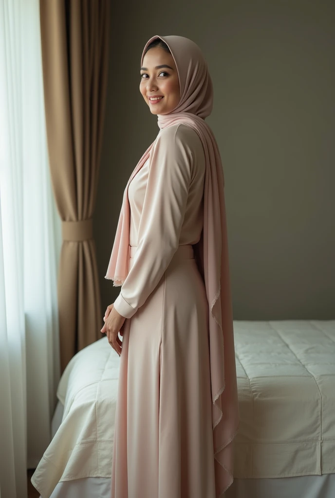  a beautiful Indonesian woman hijab, perfect face, long dress muslim, (((covered hair, long veil))), Slim Face、40 years old, Pretty Lady,  smile eyes, sleep in bedroom, stand up, see full image