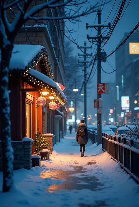 (without people), Unattended , Nobody, landscape,  winter, Natal,  city, Tokyo, sidewalk, neve, illuminate, night, Detail HD, ultra detail, film, Hyper-realism, soft light, Deep Focus Bokeh,  ray tracing ,  Pixivgwise Art Station, Makoto Shinkai, germ of a...