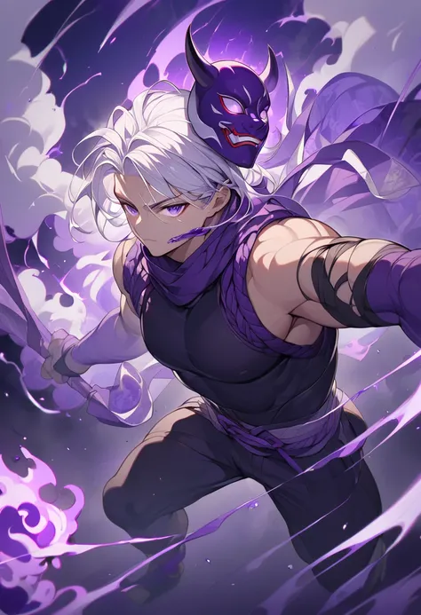 half strong man with white hair purple eyes in ninja outfit on purple fire with a japanese demon mask,high definition 8k 