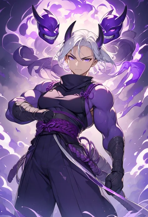 half strong man with white hair purple eyes in ninja outfit on purple fire with a japanese demon mask,high definition 8k 