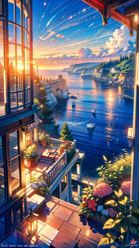  A Illustrated Balcony Landscape ， with a view of the biological luminous ocean,  Turquoise and pink lights ,  Beautiful Dreamy Lights ,  Pink and Blue Lights , dreamy colors,  Ocean Cliff Landscape ,  Charming Romantic Sunset ,  Cliffside at Dusk ,  Glowi...