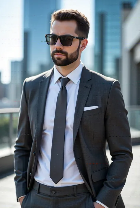 A professional photograph of a 40-year-old man with short, well-groomed beard and black-framed sunglasses. He is wearing executive attire: a tailored gray frizz-textured suit, a crisp white shirt, and a matching tie. The background is a modern cityscape wi...