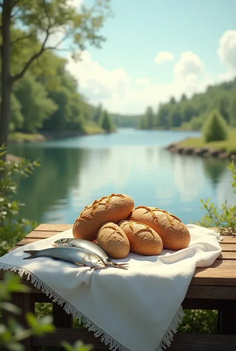 " A simple set of five rustic loaves and two fresh fish neatly placed on a white linen tablecloth,  in a natural setting by the lake , with a bright sky in the background ."
