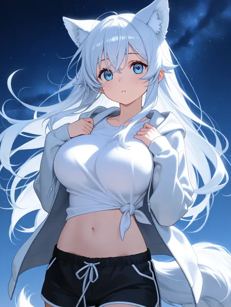 1 woman, 18 years old, white wolf ears, white wolf tail, bright blue eyes, hair long to the ears, big breasts, hands on the side of the body, wearing a light blue open hoodie, no hood, white shirt, tied at the navel, black shorts, many stars in the sky.