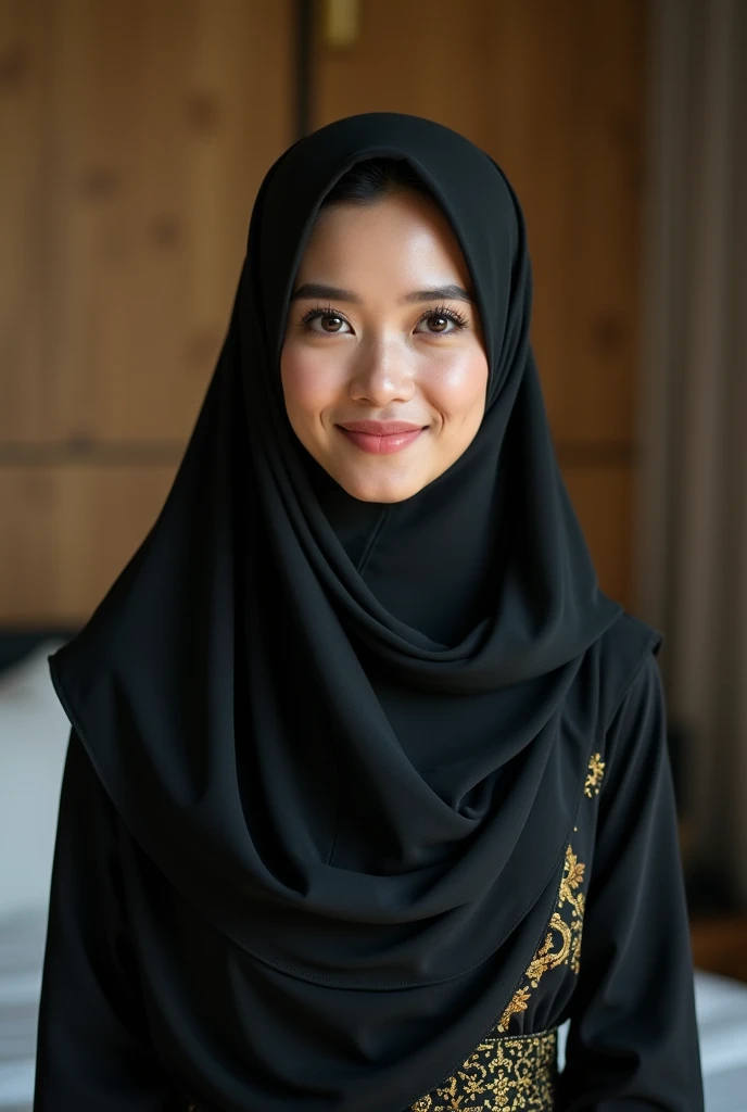  a beautiful Indonesian woman black gold hijab, accessoris, perfect face, long dress muslim, (((covered hair, long veil))), Slim Face、40 years old, Pretty Lady,  smile eyes, sleep in bedroom, stand up, see full image