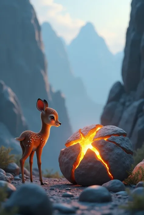  A very detailed 3D fantasy scene against the background of rock mountains . In the foreground,  a baby deer sits and stares at an uneven round rock with a rough texture and full of bumps,  resembles a rough and irregular stone .  The cracks in the stone e...