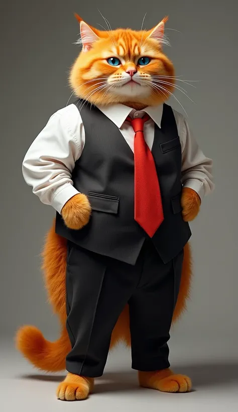 A very fat and obese orange cat stands with a confident posture., facing the camera. Her fur is bright orange and her eyes are bright blue., gives a sharp and slightly mischievous effect. This cat is wearing a cool outfit in the form of a white shirt., bla...