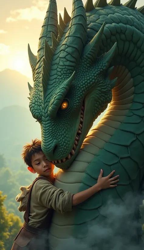 Prompt of a  hugging a dragon:
A young , around , is gently hugging the massive neck of an ancient dragon. The dragons dark emerald green scales shimmer in the soft sunlight, and its golden eyes express a sense of deep affection. The ’s arms are wrapped ar...