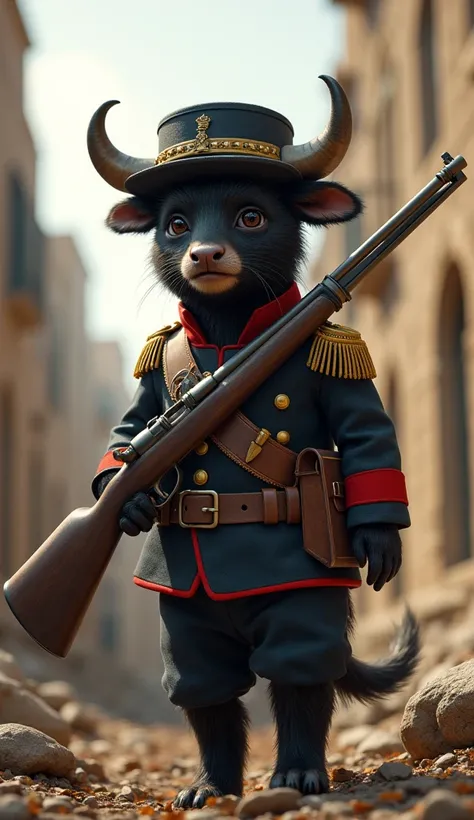  Little black bull cub  ,   dressed as a soldier of the Spanish army and with a shiny black soldiers long-barreled gun,  in a war scenario in Spain  