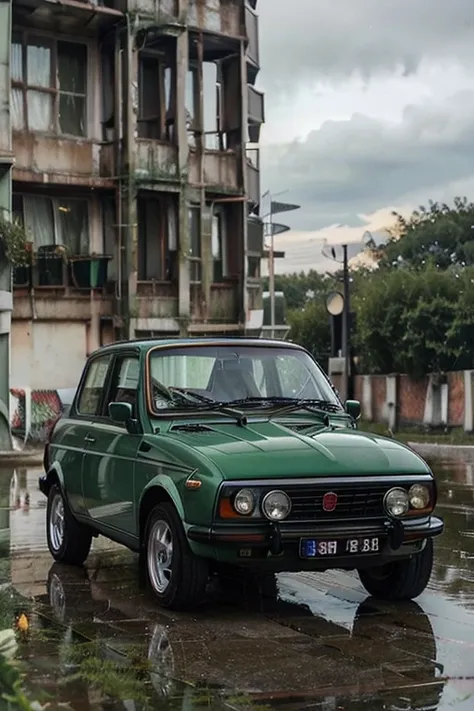 1997 Fiat, green, white stripes, rainy conditions