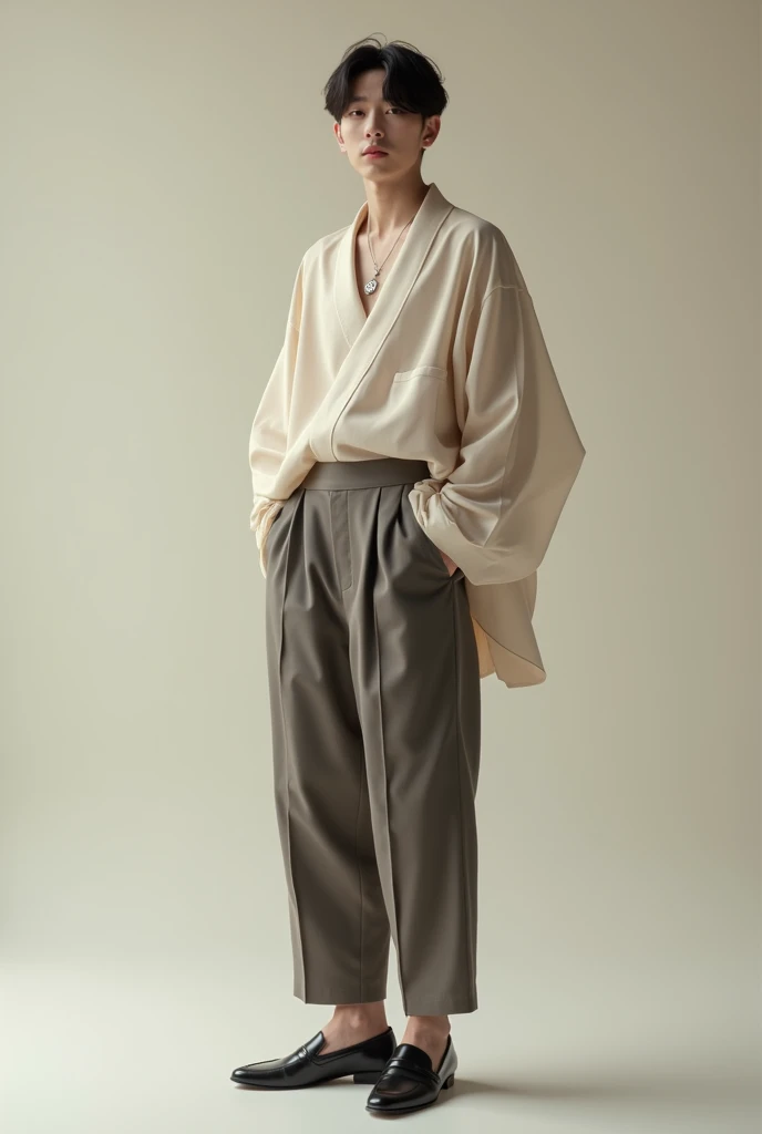 Korean male, A sheer, flowy white blouse with billowing sleeves, layered over a pastel blue vest. Paired with tailored cream trousers and white loafers. Silver pendant necklace as an accessory.