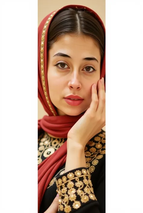 one real persian women, beautiful detailed eyes, beautiful detailed lips, extremely detailed face and skin, white skin, long hair, hijab, looking at camera, intricate jewelry, flowing colorful scarf, dramatic lighting, cinematic, serene expression, hyper r...