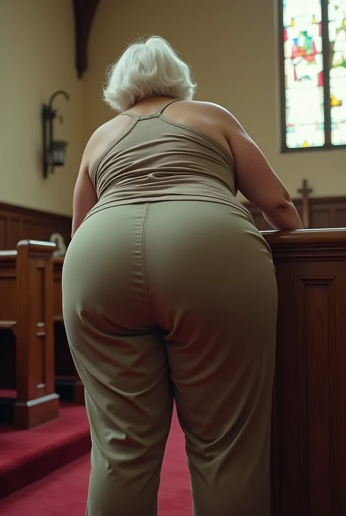 (((Huge sexy booty granny))). Big butt cheeks. In khakis. Candid booty. Bending over pew. Giant booty is in front of camera. Slim waist. In church. Old woman. White short hair. Gigantic butt is protruding. 