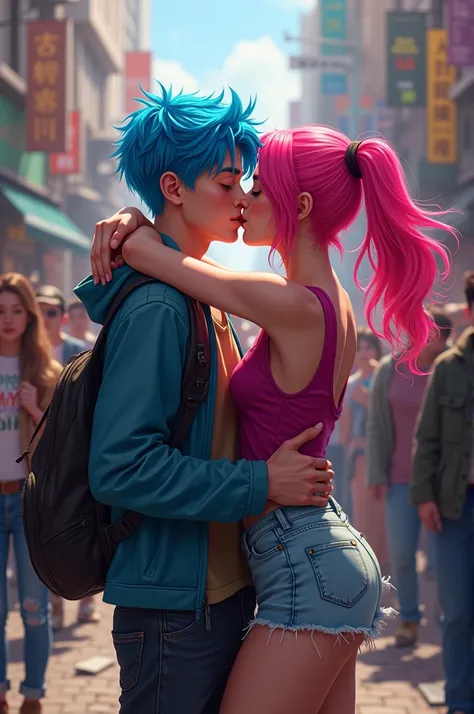 Create two color-haired teenagers wendgie each other as they kiss in the middle of a crowd