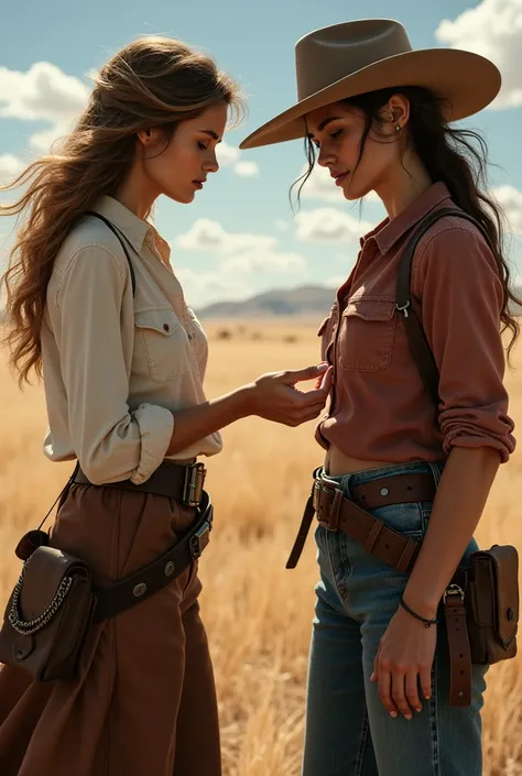 A woman touching the cowgirls belt 