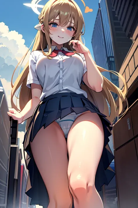 Asuna ba,  Looking at the viewer,  big breasts, Love,  long hair,  light brown hair , smile, if, white panties,  ass visible through thighs , About an eye, pleated skirt, white shirt, halo, Alone,   underwear , Blue eyes, 1 girl, panties, shirt, blush, sch...