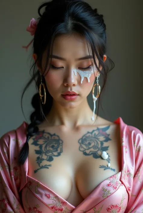  Gorgeous Asian woman, huge breasts, hoop earrings, ponytail that is braided, tattoos on chest, arms, neck, pink & black floral japanese silk robe. One eye closed cause its covering in white runny translucent ooze that is dripping face down to breasts 