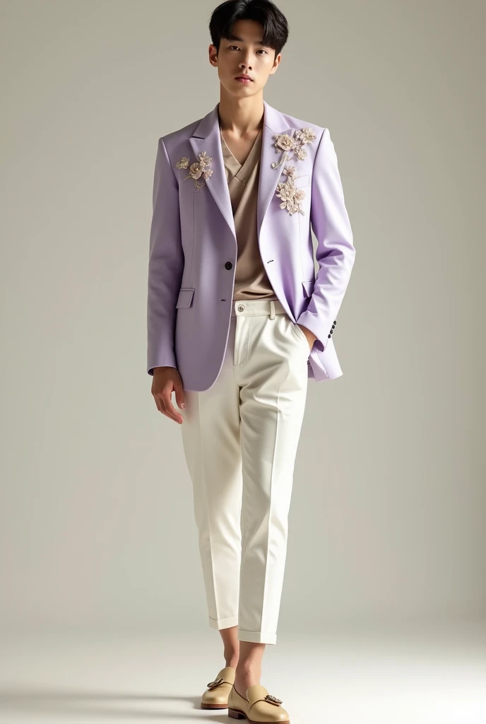 Korean male, A pale lavender blazer with soft floral embroidery, a satin undershirt, and white cropped pants. Finish with light gold loafers and a delicate brooch.
